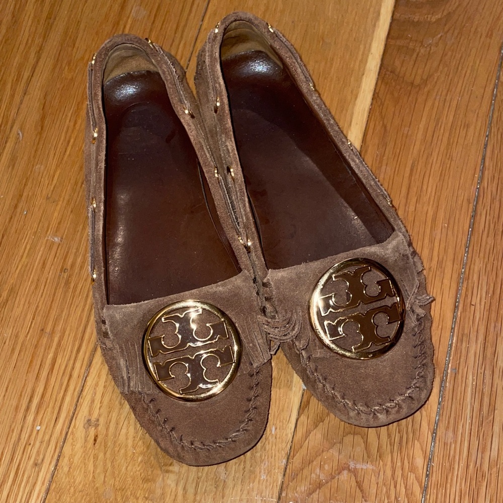 Tory Burch Tan Moccasins with Gold Emblem 7.5